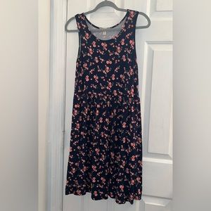 Size small navy blue black pink floral flower flowy sleeveless dress w/ pockets